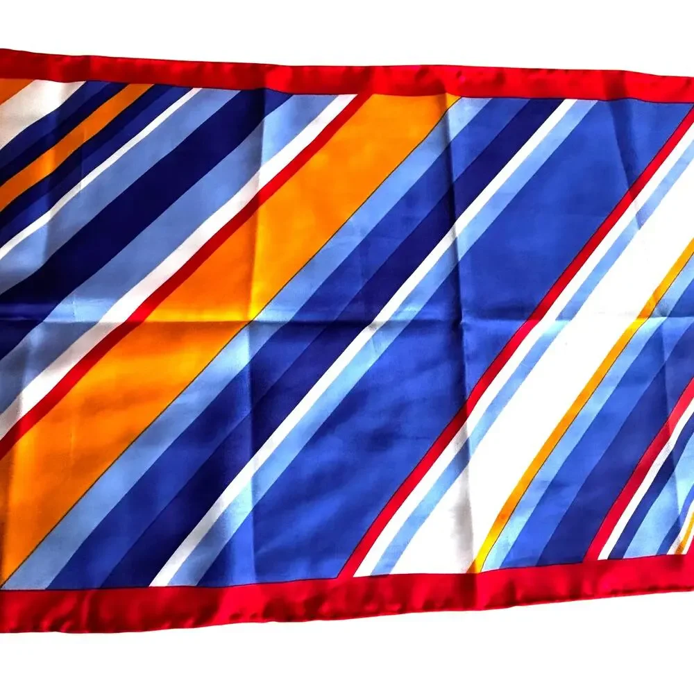 Vintage Silky scarf diagonal stripes rectangle red orange blue mod mid century